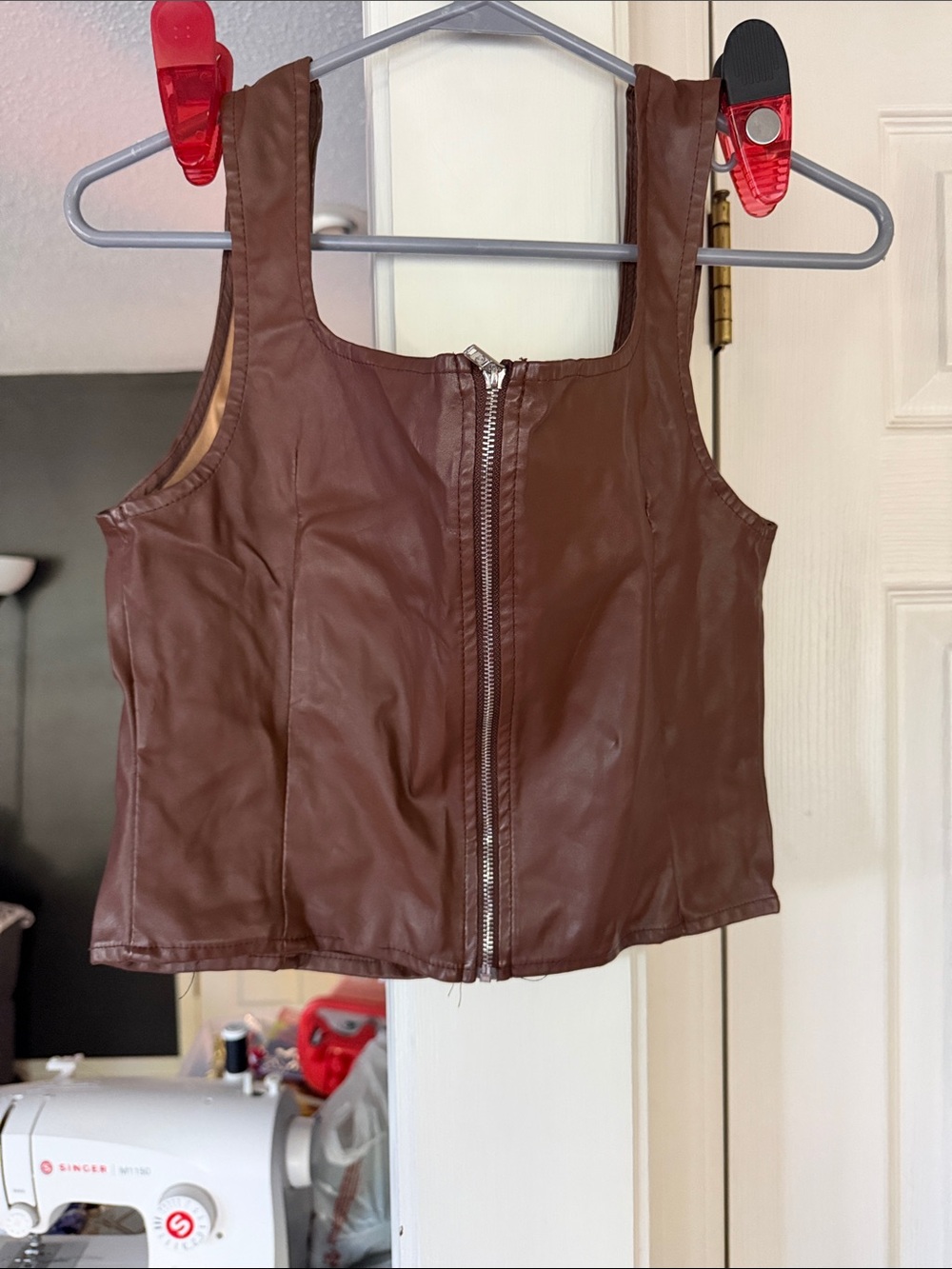 SHEIN Brown Faux Leather Zip-Front Crop Top